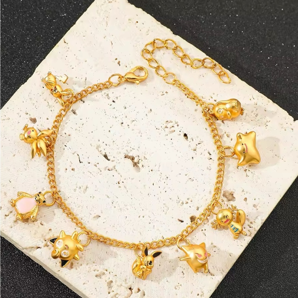 24K Gold Pokemon Characters Charm Bracelet Adjusta Sizing Anime Kawaii - Picture 4 of 7